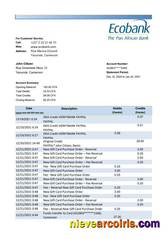 Cameroon Ecobank bank statement easy to fill in .xls and .pdf file format